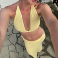 Women 2 Piece Set Sexy Halter Sleeveless Triangle Bra Crop Top Hollow Maxi Skirt Set Slim Knit Summer Beach Vacation Set