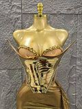 Sophisticated Gold Silver Color Strapless Shinning Crytsal 2 Pieces Bodycon Mini Dress Celebrate Nightclub Party Birthday Wear