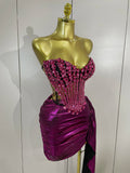 Women Party Celebration Sexy Stage Nightclub Outfit Sparkly Diamonds Crystals Mesh Short Two Pieces Set Luxury Birthday Dress