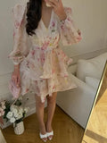 Elegant Printed Mini Dresses Women Chic Waist-cinching V-neck Puff Long Sleeve Aline Dress Fashion New Holiday Robes Summer 2026