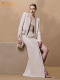 New Arrival Elegant Lady 2 Piece Skirt Set Bead Crystal Suit Long Sleeve Jacket Slim Split Midi Skirt Women 2 Pcs Outfit