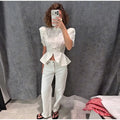 Lace Cutout Peplum Jacket Stand Collar Puff Sleeve Button Front Waist Cinched Outerwear 2026 Summer Fashion Lady Elegant Jacket