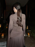 Irregular Brown Lace Uppleated Maxi Dresses Elegant Women's Full Sleeve Slim Fit Patchwork Robes 2025 New Evening Party Gowns