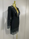 Women Celebrate Eveing Party Club Luxury Birthday Dress Elegant Black V Neck Pearls Beaded Long Sleeves Bodycon Bandage Dress