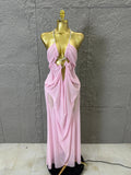 Sexy Halter Neck Maxi Dress Crystal Chain Cutout Ruched Women Sheer Mesh Form Outfit Glamorous Evening Gala Party Costume
