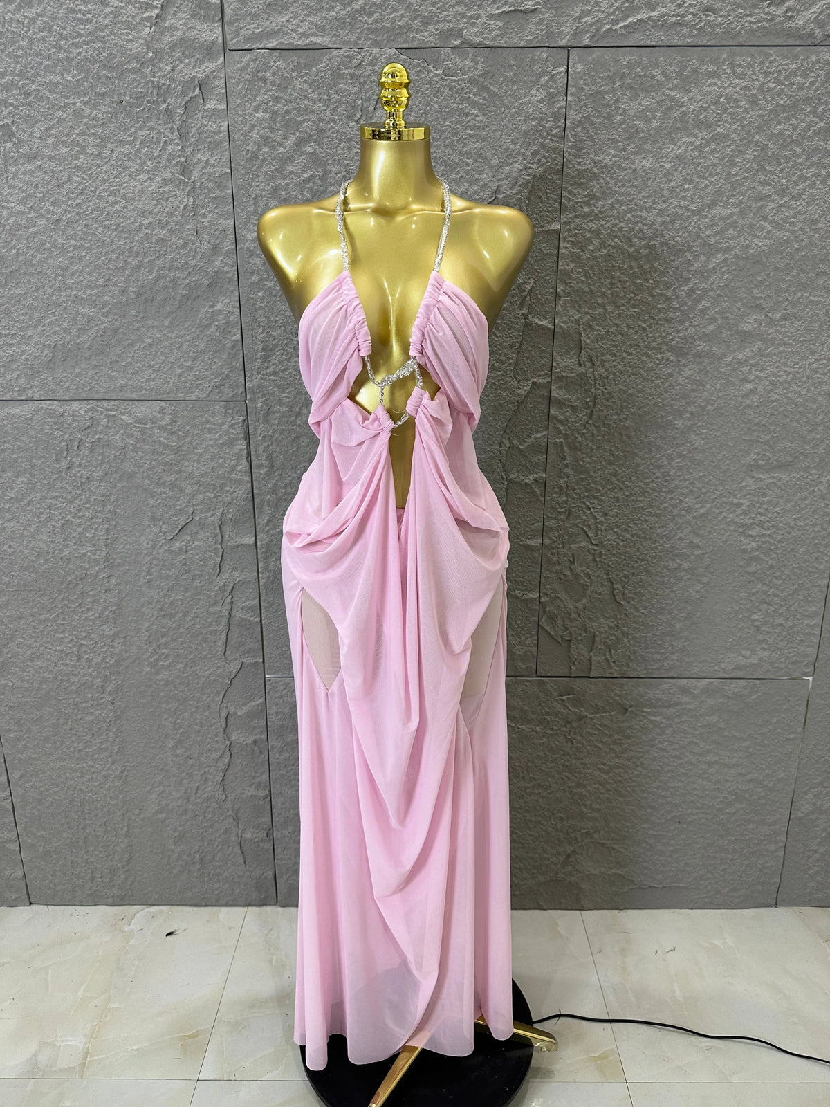 Sexy Halter Neck Maxi Dress Crystal Chain Cutout Ruched Women Sheer Mesh Form Outfit Glamorous Evening Gala Party Costume
