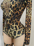 Sexy Sparkly Diamonds Leopard Print Bodycon Stretch Jumpsuit Women Eveing Party Nightclub Singer Dancer Stage Performance Outfit