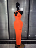 Orange Color Women Sleeveless Sexy Halter Off the Shoulder Bodycon Bandage Long Dress Celebrate Fashion Evening Party Outfit