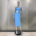 Flower Beads Glam Hollow Waist Slanted Shoulder Blue Dress Fashion Elegant Party Bandage Stage Performance Dress Vestido De Gala