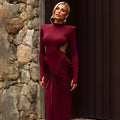 Sexy Backless Long Dress For Women Turtleneck Evening Party Ruched Dress Elegant Solid Long Sleeve Streetwear Maxi Dress