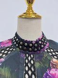 Elegant Floral Printing Long Dressess For Women Stand Collar Lantern High Waist Spliceed Rivet Hollow Out Dress Female New