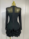 Sexy 3D Red Black Rose Flowers Mesh Long Sleeve Bandage Mini Dress Evening Prom Birthday Party Photo Shoot Cocktail Party Dress
