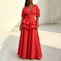 V Neck Puff Short Sleeve Maxi for Dress Women Ruched Fitted Waist Tiered Double Ruffle Hem for Summer Daily Party Occasion