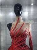 Heavy Red Sparkly Crystal one shoulder Split Dress Sexy mesh see Transparent Birthday party latin outfit Celebrate show Designer