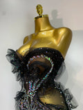 Sparkly Rhinestone Strapless Black Mesh See Through Mini Dress Women Eveing Party Birthday Singer DJ Nightclub Bar Stage Costume