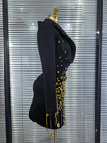 Handmake Women Long Sleeve Golden Beading Deep V-Neck Bodycon Mini Dress Celebrate Birthday Photo Shoot Performance Costume