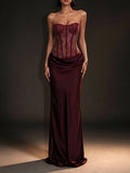 Luxury Strapless Corset Mermaid Maxi Dress for Women Lace Bodice Satin Ruched Skirt for Formal Evening Party Prom Long Gown