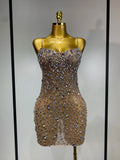 Women Sexy Sleeveless Rhinestone Sheer Mini Bodycon Dress Evening Party Luxury Birthday Bar Nightclub Stage Performance Clothing