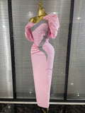 Pink Color Women Sexy Off the Shoulder Puff Sleeve Shining Rhinestones Bodycon Long Bandage Dress Evening Party Cocktail Wear