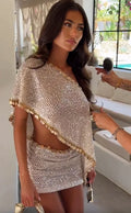 Silver Sequin Two Piece Outfit One Shoulder Coin Trim Cape Top High Waist Skirt 2026 Summer New Beach Party Nightclub Dating Set