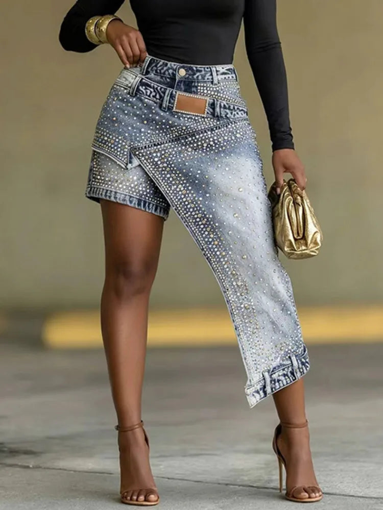 Women Denim Skirt High Waist Asymmetric Rhinestone Studded Irregular Hem Casual Fashion Streetwear Summer 2026 New