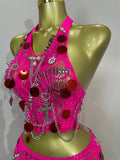 Sexy Evening Party Nightclub Performance Costume Women Birthday Mesh See-Through Pin Decoration Chain Short Dress Two-Piece Set