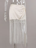 Elegant Satin Midi Women Skirts Tassel Asymmetrical Luxury Loose Long Skirt for Club Evening Party Summer Fashion