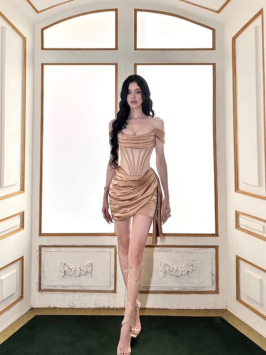 Luxury Gold Corset Mini Satin Dress Women Fishbone Patchwork See-through Mesh Sparkle Party Evening Vintage Clothes