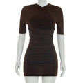 Sexy Slim Ruched Dress Women Cross-Ruched Short-Sleeve Solid Bodycon Dress 2026 Summer New Party Club Fashion Short Dress
