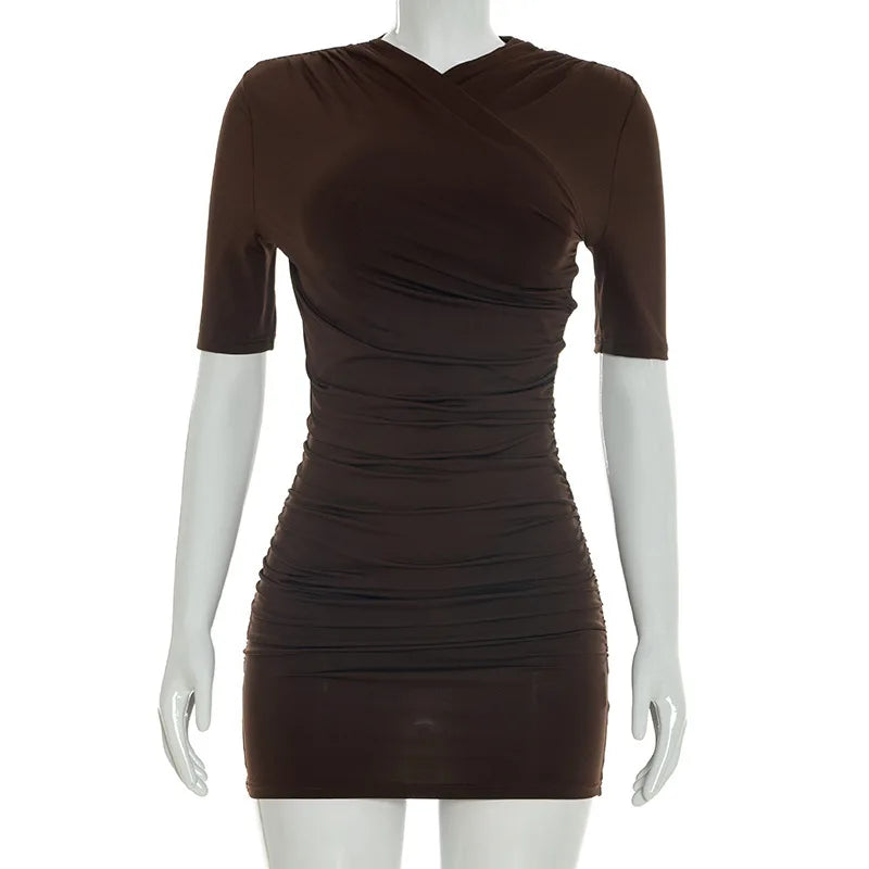 Sexy Slim Ruched Dress Women Cross-Ruched Short-Sleeve Solid Bodycon Dress 2026 Summer New Party Club Fashion Short Dress