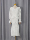 White High End Two Piece Set for Women V Neck Long Sleeve Slimming Top High Waist Asymmetrical Long Skirt Luxury Suit Female