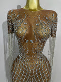 Luxery Sparkly Rhinestones Tassel Transparent Mesh Stretch Long Dress Women Evening Celebrate Birthday Dress Sexy Stage Costumes