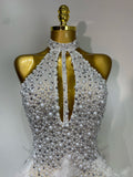 Luxury Rhinestones Pearls Halter Backless Short Feathers Dress Women Sexy Celebrate Birthday Dress Performance Dance Costume