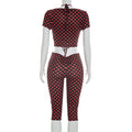 Sexy Fashion 3 Piece Set Woman Polka Dot Print Halter Bra Tops+Low-Neck Mini Sleeve Tees+Skinny Crop Pants Outfits