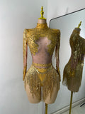 Women Sexy Long Sleeve Spandex Beading Tassels Skiny Bodysuit Performance Dance Costume Nightclub Party Outfit