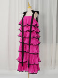 Hit Color Ruffles Cake Maxi Dress for Women Square Collar Off The Shoulder Spliced Bow Evening Temperament Dresses Female