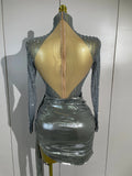 Women Sparkly Rhinestone Birthday Evening Party Nightclub Team Stage Show Costume Sexy Mesh See Through Long Sleeves Mini Dress