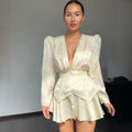 Elegant Women's Printed Waistband Long Dress 3D Flower V-neck Bubble Sleeve Patchwork A-line Dresses 2026 Spring Party Robe