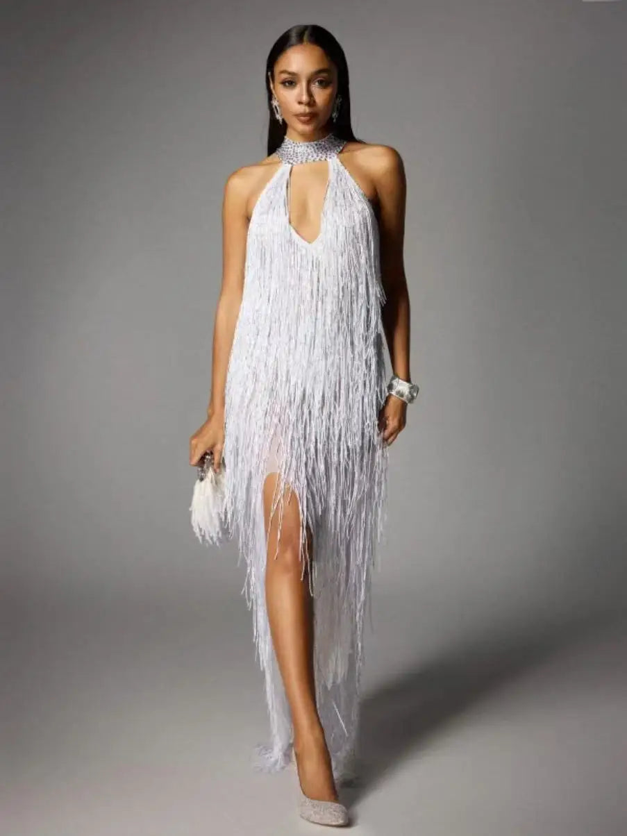 Women's Glam Low-Cut High Split Sleeveless Fringed Dress Fashion Party Dinner Evening Gown Performance Costume Vestidos De Noche