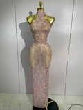 Women Sexy Mesh See Through Long Dress Elegant Sparkly Pink Diamond Eveing Party Nightclub DJ Stage Costume Photo Shoot Outfits