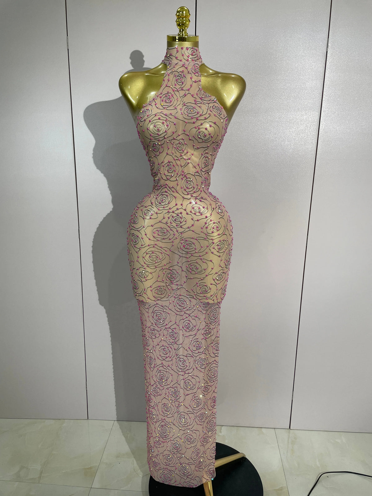Women Sexy Mesh See Through Long Dress Elegant Sparkly Pink Diamond Eveing Party Nightclub DJ Stage Costume Photo Shoot Outfits