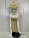 Luxury Sparkly Rhinestones Feathers Long Tail Dress Sexy Mesh Transparent Stage Bodysuit Evening Party Celebrate Birthday Dress