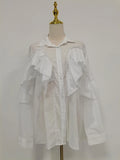 French Office Spliced Ruffled White Shirt for Women Lapel Long Sleeves Temperament Basics Shirts Female Autumn New