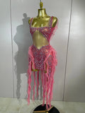 Sexy Mesh Ruffle See-Through Pink Mini Dress Women Sparkly Rhinestone Evening Gown Show Girl Night Club Star Performance Costume
