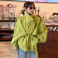 Women Short Trench Coat Lapel Collar Belt Waist Cinched Oversized Long Sleeve Windbreaker Jacket Shoulder Epaulets Spring Autumn