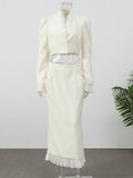 White Ruffle Stand Collar Peplum Skirt Set Romantic High Neck Long Sleeve Slim Co-ord 2026 Spring Wedding Dating Party Outfit