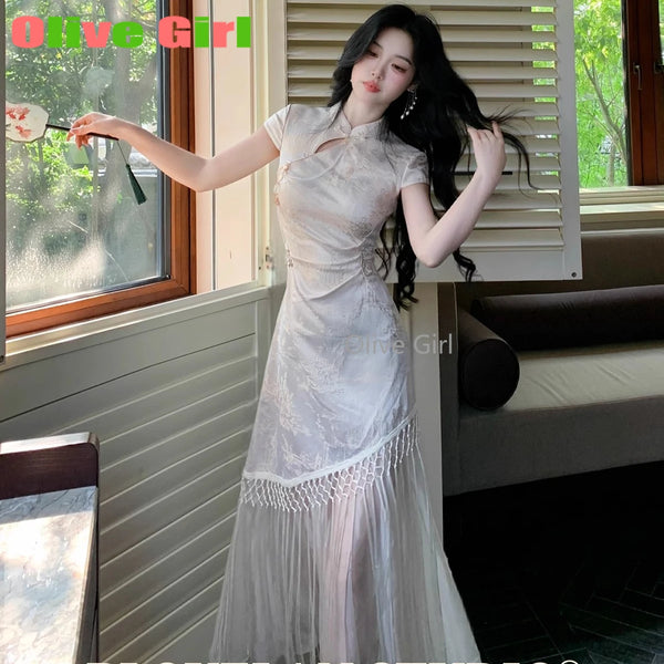 Chinese Traditional Dress Slim Tassel Splicing Jacquard Waist Cinched Cheongsam Qipao Summer Fairy Beautiful Women's Clothing