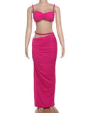 Bandage Ruched 2 Piece Set Women Square Collar Bra+Skinny Long Skirts 2025 Summer Vacation Beach Party Trend Suits