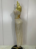 Women Two Pieces Set Sexy Strapless Evening Sparkly Sequin Beading Celebrate Nightclub Party Luxury Birthday Dress Stage Costume