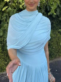 Patchwork Shawl Bodycon Party Maxi Dresses for Women O Neck Short Sleeve High Waist Evening Temperament Folds Dress Female